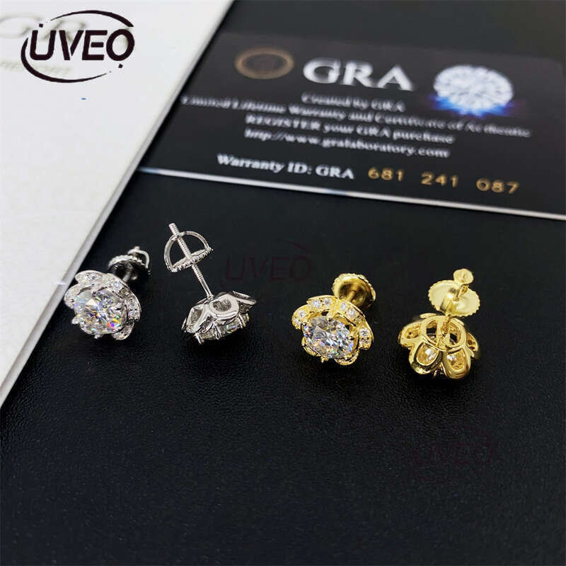 Jewelry Sterling Silver VVS Iced Out Gold 925 Earrings Studs Hiphop Pass Dias Tester Round Cut Couple Gift