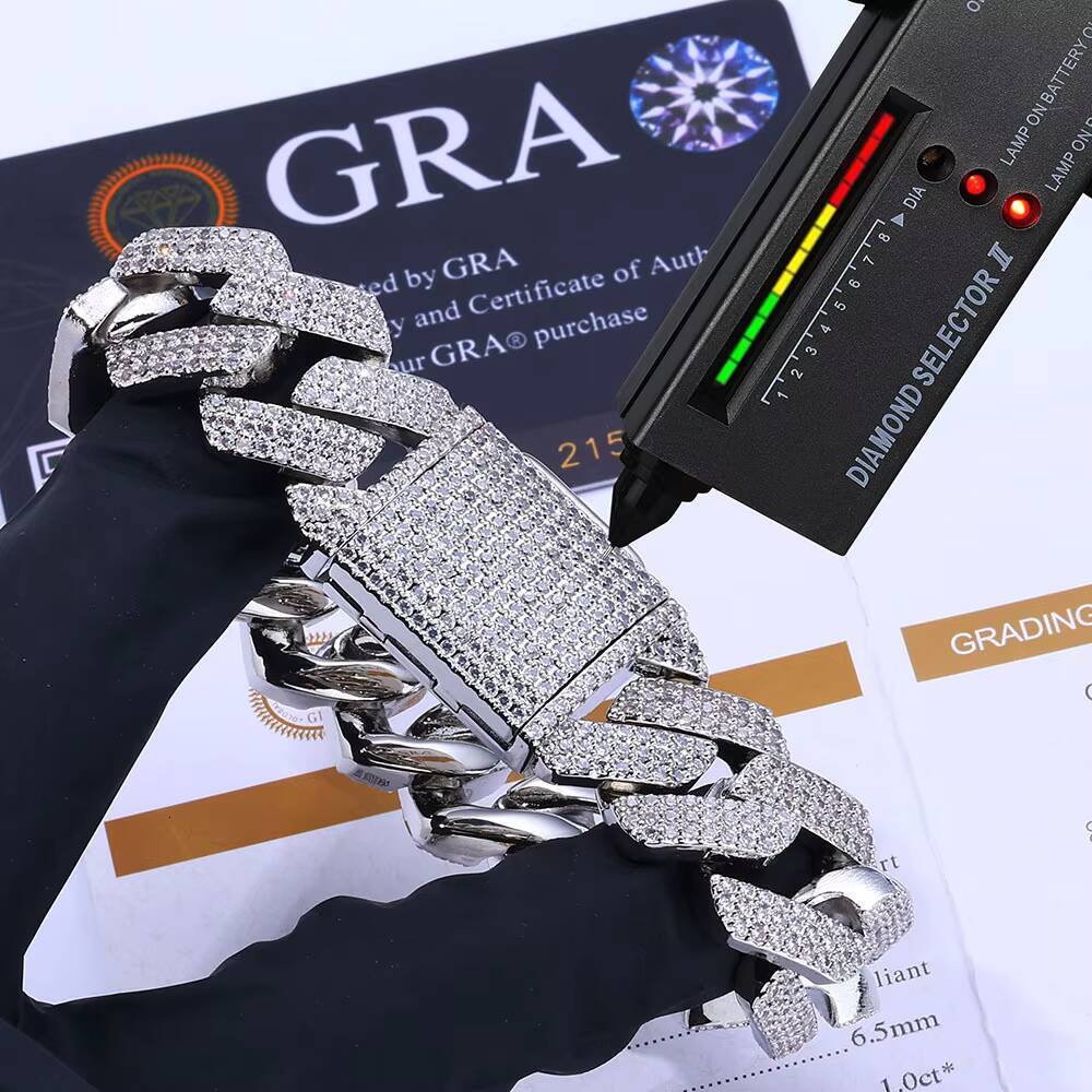 Style Men S925 Silver Moissanite HipHop Bracelet 20mm Three-Row Diamond Rhombus Cuban Chain Fine Chain Link