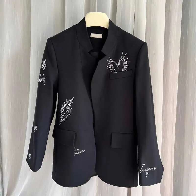 Strass Rhie Blazer Women Open Front Notched Collar Long Sleeve Decorative Pocket Flaps High Quality Blazer Jacket Female