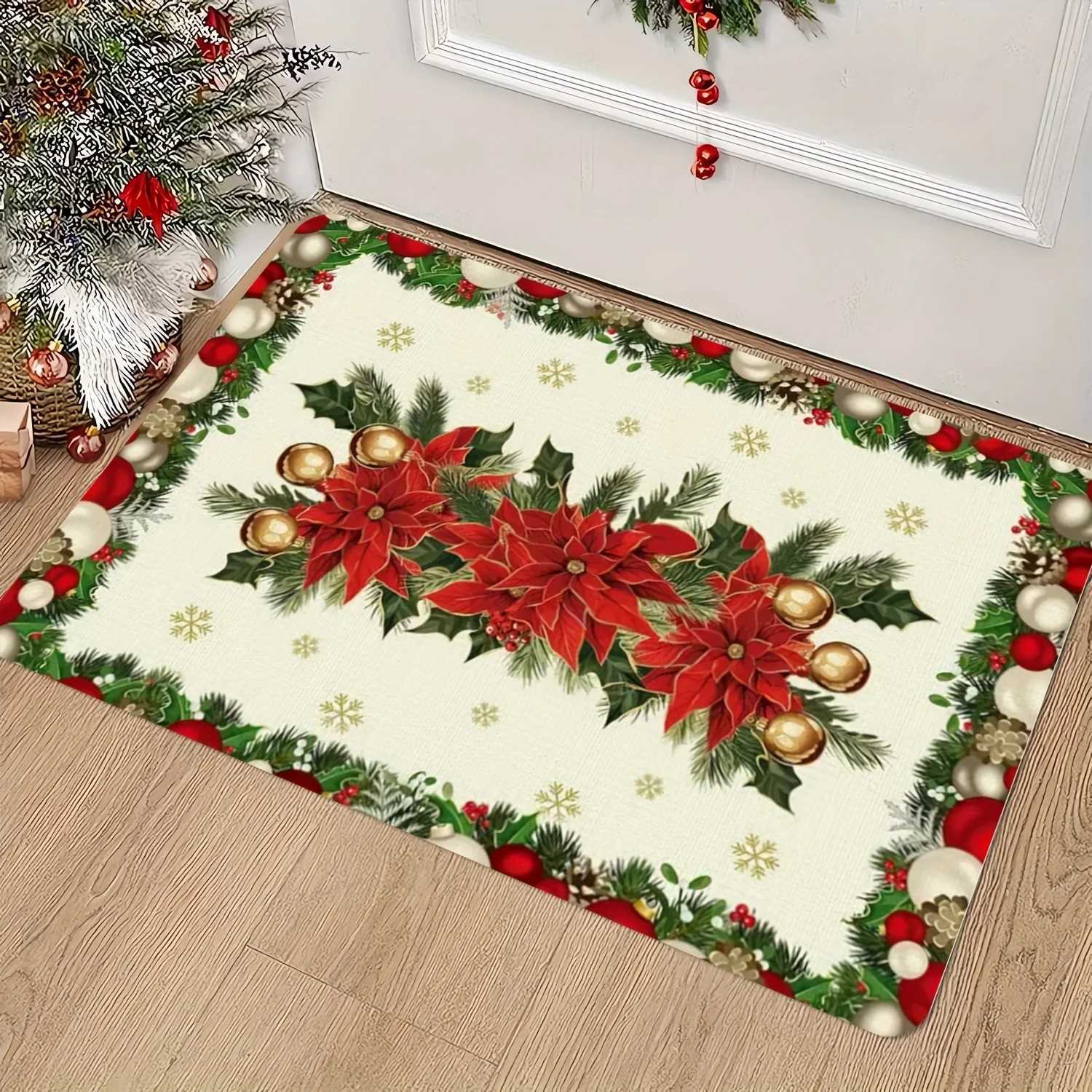 Christmas Poinsettia Holly Print Door Mat Winter Xmas Ball Snowflake Rug Bedroom Kitchen Non-slip Floor Mat Christmas DecorationM251117