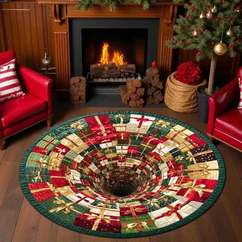 3D Optical Christmas Presents Round Rug Holiday Gift Box Tunnel Design for Fireplace Area Xmas Floor Mat Festive Home DecorM251117