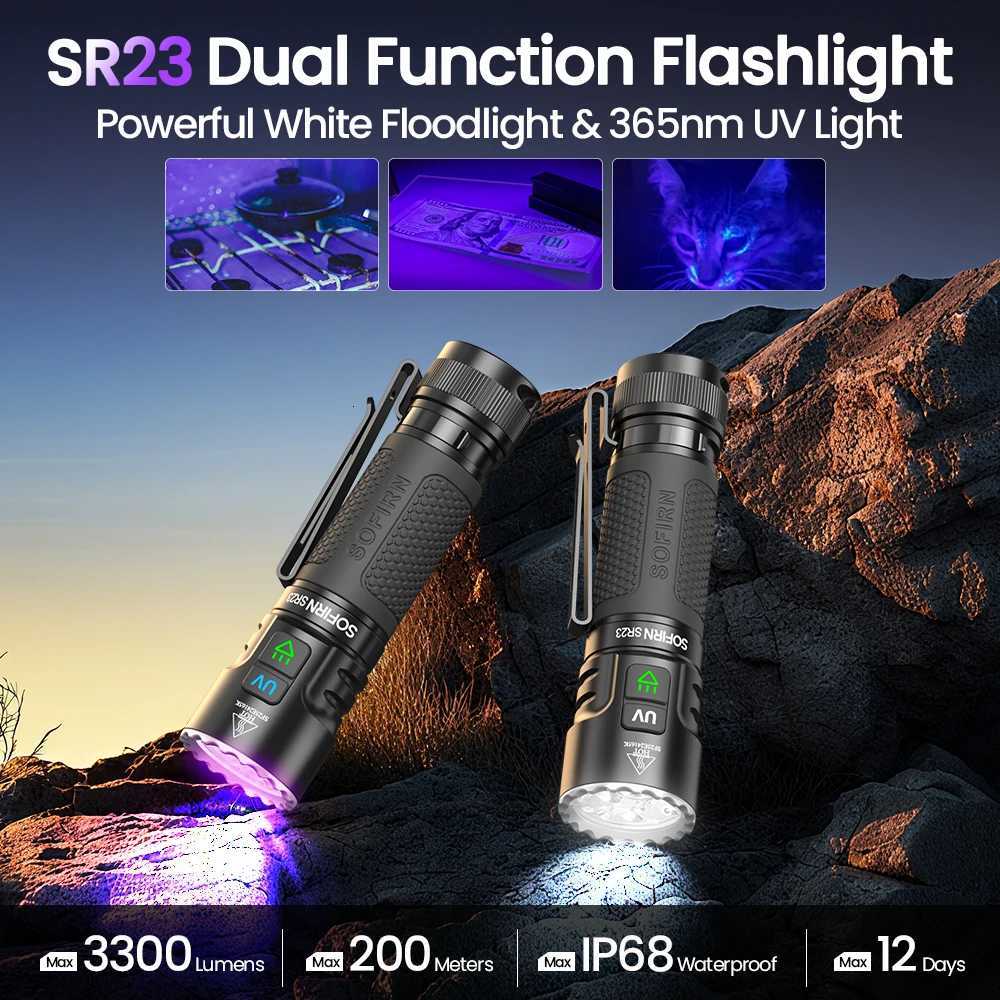 SOFIRN SR23 Dual Light Flashlight 3300lm White Floodlight365nm UV Light 21700 USB C Rechargeable EDC lamp with Magnetic Tailcap M251117