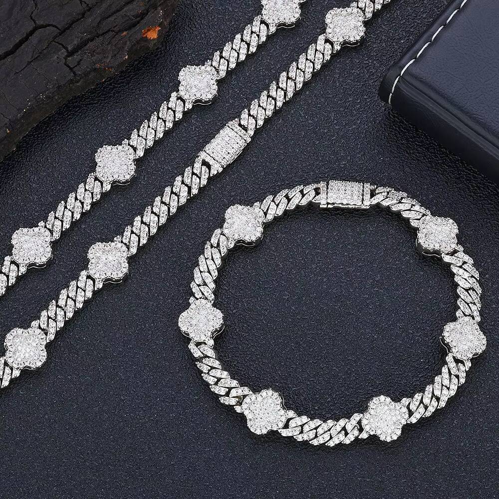 Moissanite Women Luxury 6MM Cuban Link Chain Bracelet with Four Leaf Clover White Gold Plated Diamond Prong Cuban Link Chain Jewelry