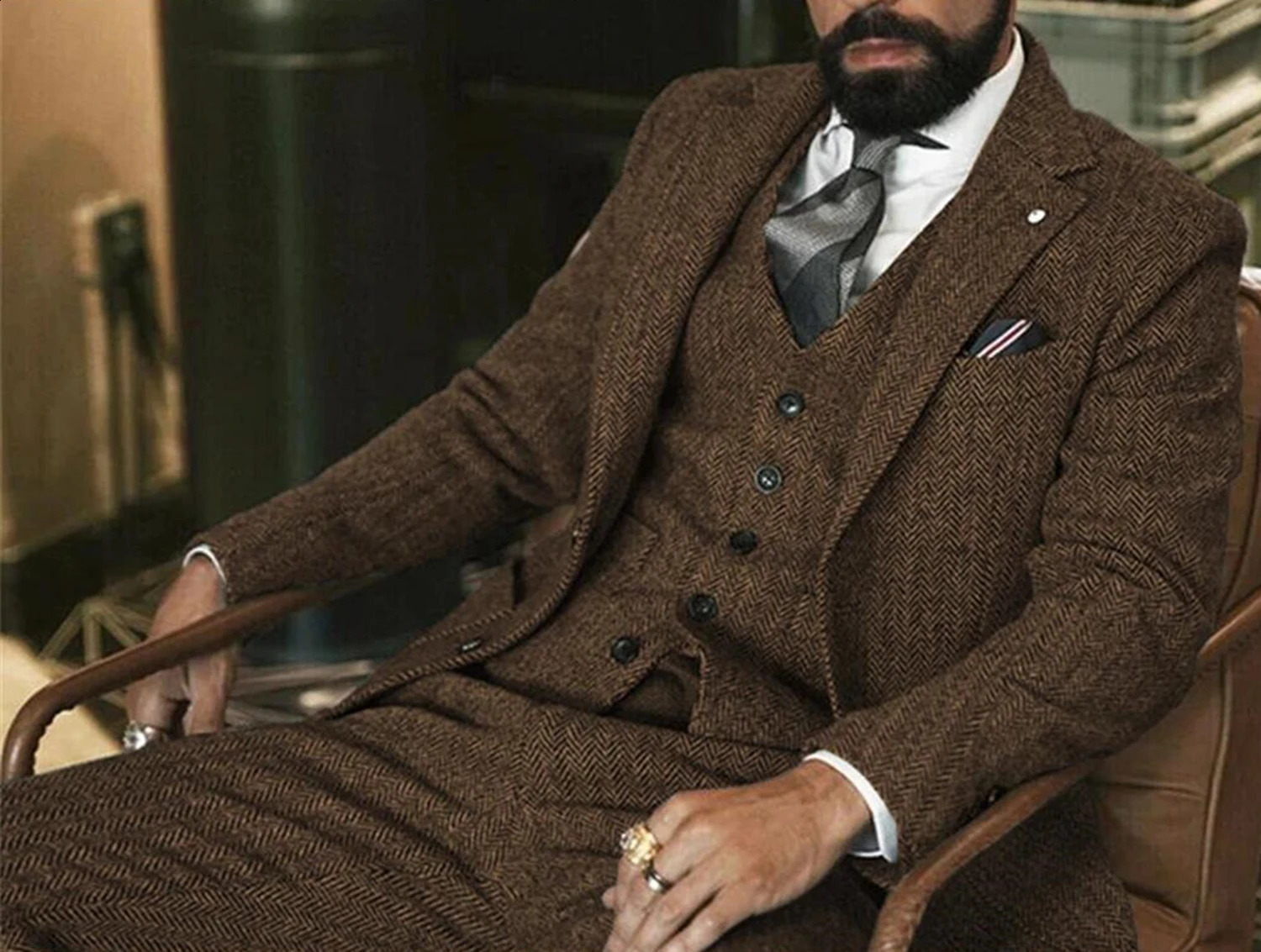 Gray Wool Tweed Winter Suit for Men Herringbone Slim Fit Formal Groom Tuxedo 3 Piece Wedding Male Suits JacketVestPants 250415