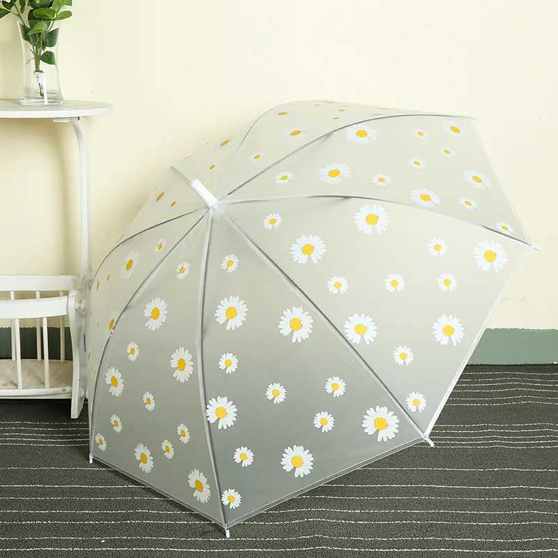 Transparent Daisy Long Handle Umbrella Super Light Flower Printing Umbrella 8 Bone Semi-Automatic Umbrellas for Women Kids C251117