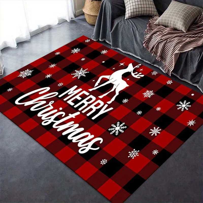 Christmas-Themed Area Rug - 1pc Non-Slip Polyester Floor Mat with Red and Black Plaid Snowflakes and Reindeer Patterns - DurabM251117