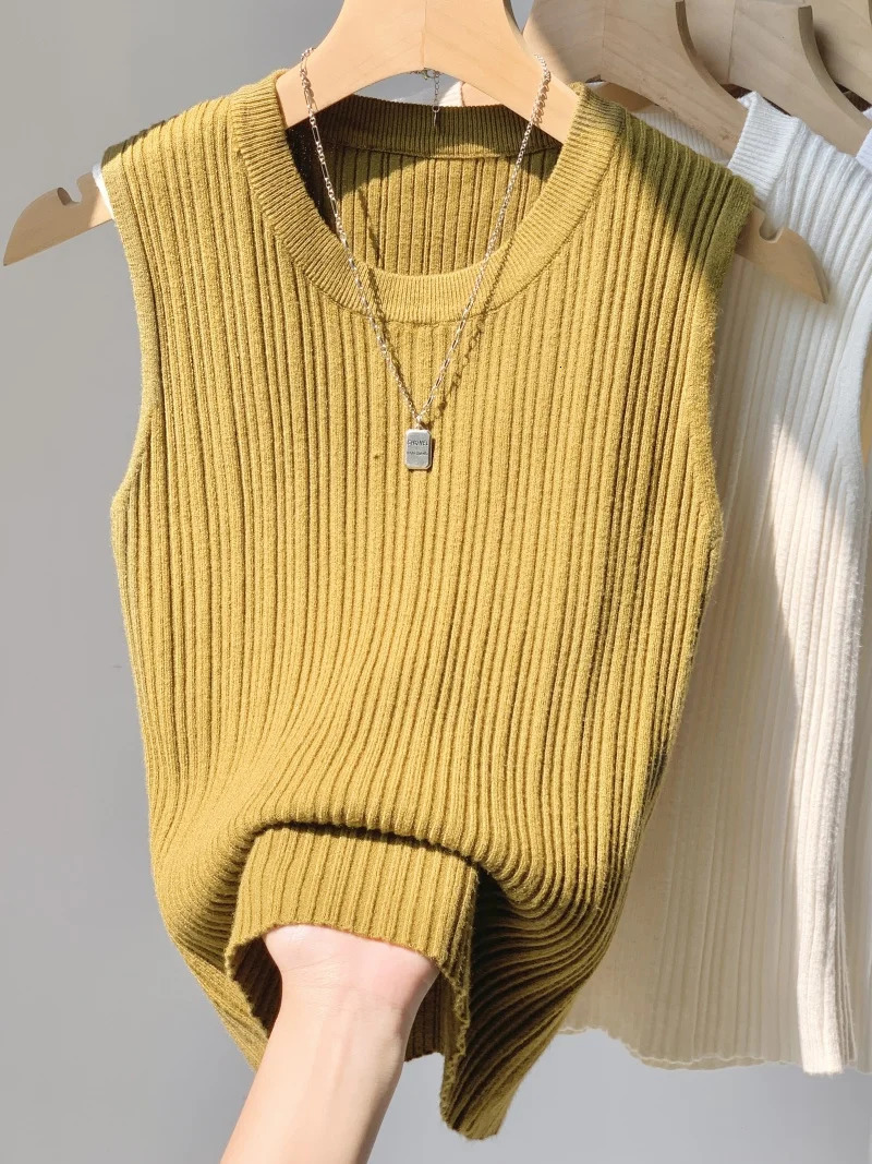 AOSSVIAO 2025 Waistcoat Women Wear Screw Thread Wide Edge Temperament Summer Top Short Knit Sleeveless Bottom Shirt 250417