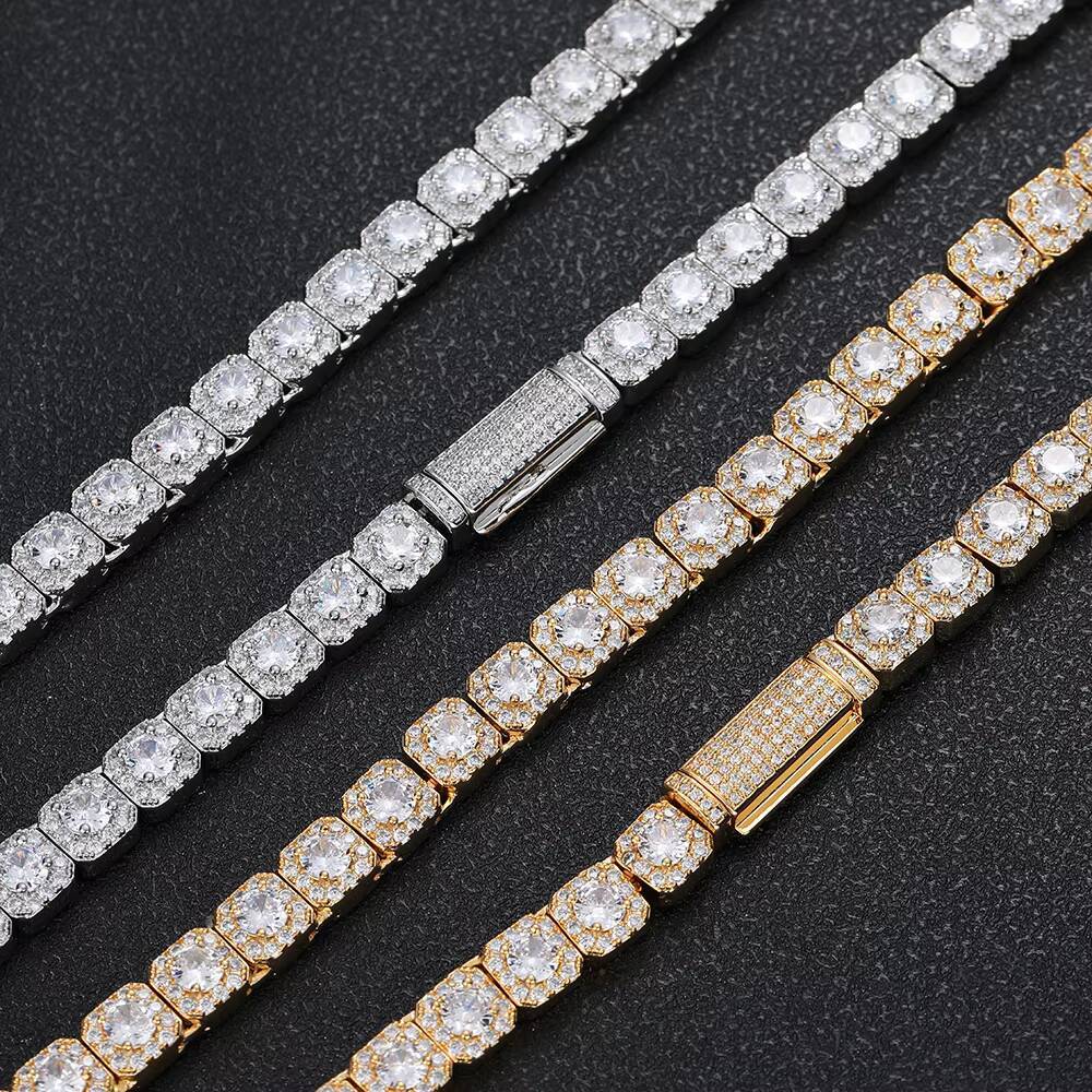 Laboratory cultivation of Moissanite Iced Out Cluster Tennis Chain Necklace 7mm Gold Plated Shiny Diamond Cut CZ Thin Fine Hip Hop Jewelry