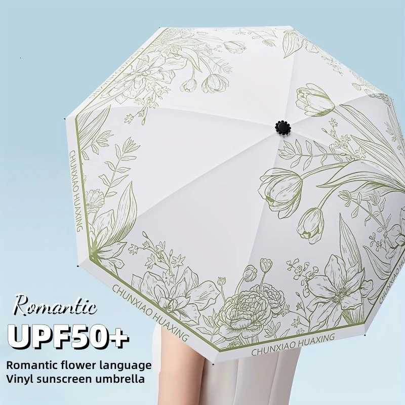 UPF50 Sun Umbrella Romantic Flower Language UV Protection Women Umbrella Vinyl Coating Rain Parasol Sun Shade Folding Umbrellas C251117