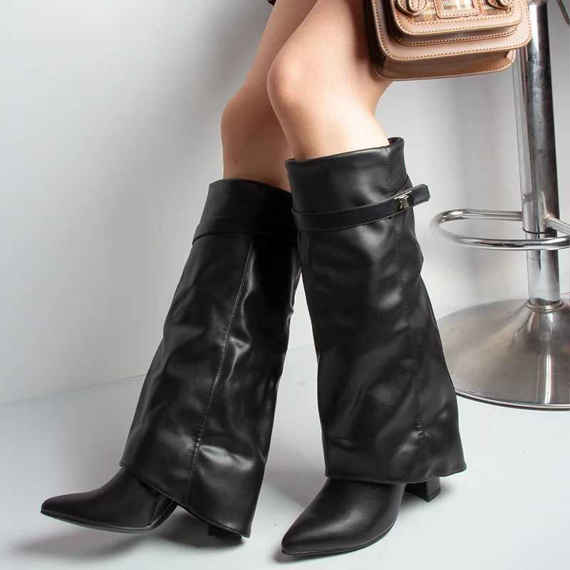 Autumn And Winter Wens Fion Metal Buckle Knee High Boots Pointed Toe High Quality Keep Warm Ladies Sexy Mid Top Boots Y251117