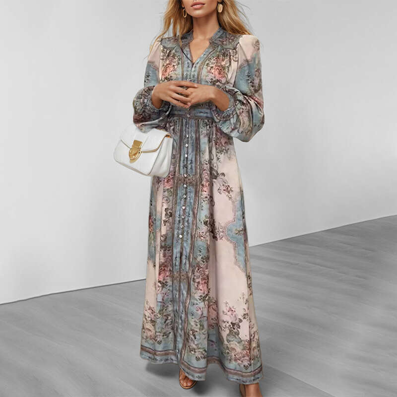 Dress Women Designer Luxury 2025 Women's New Elegant V-Neck Fashion Printed Long Sleeve Dress