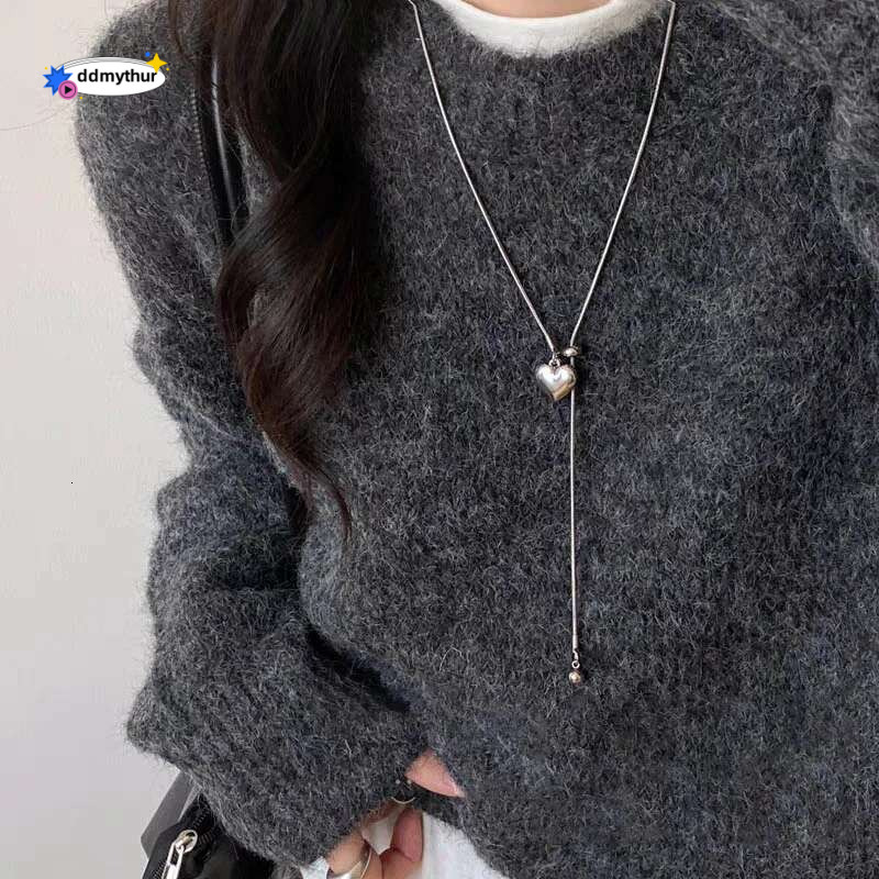 Stainless Steel Long Necklace with Heart Pendant Adjustable Chain Sweater Jewelry for Women Accessories ddmythur