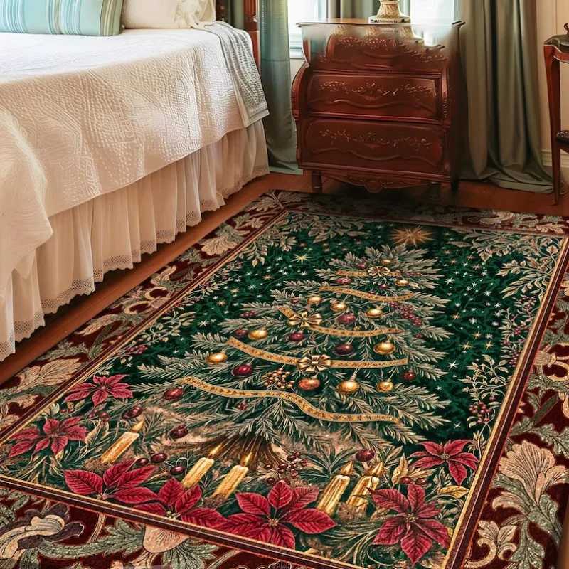 Vintage Christmas Tree Area Rug Red Holiday Carpet Poinsettia Floral Accents Seasonal Floor Mat for Living Room and EntrywayM251117