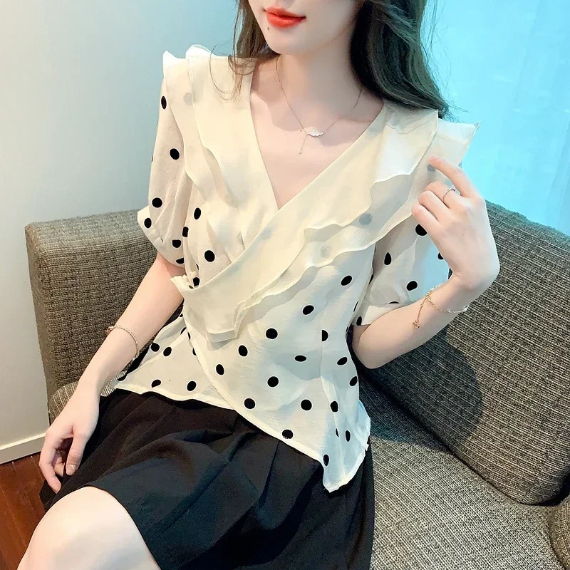 2025 Summer V-Neck Chiffon Women Blouse Short Sleeve Ruffles Dot Blouse Shirt Women Tops Blusa Blusas Camisas De Mujer G681 250417