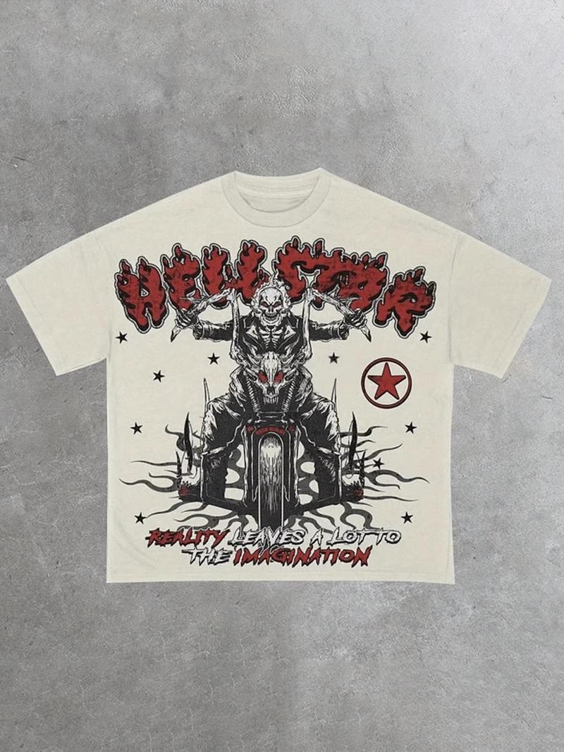 Men's T Shirts 300G Crew Neck Short Sleeve T-Shirt Vintage Hcllstar GHosr Bike Casual Double Sided Printed Cotton Fashion