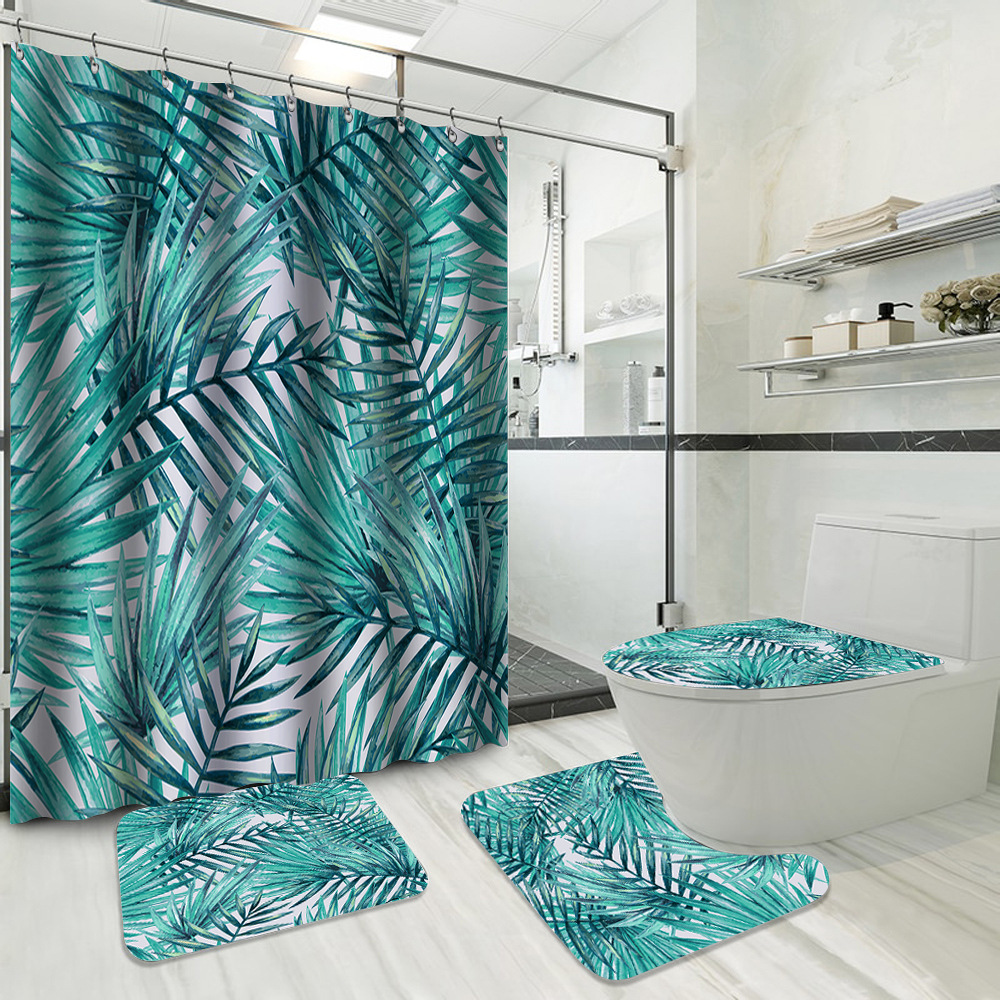YL-37733 Hot Selling Shower Curtain 4-Piece Set, Green Plant Series, Waterproof and Mildew-Proof Shower Curtain, No Drilling Required