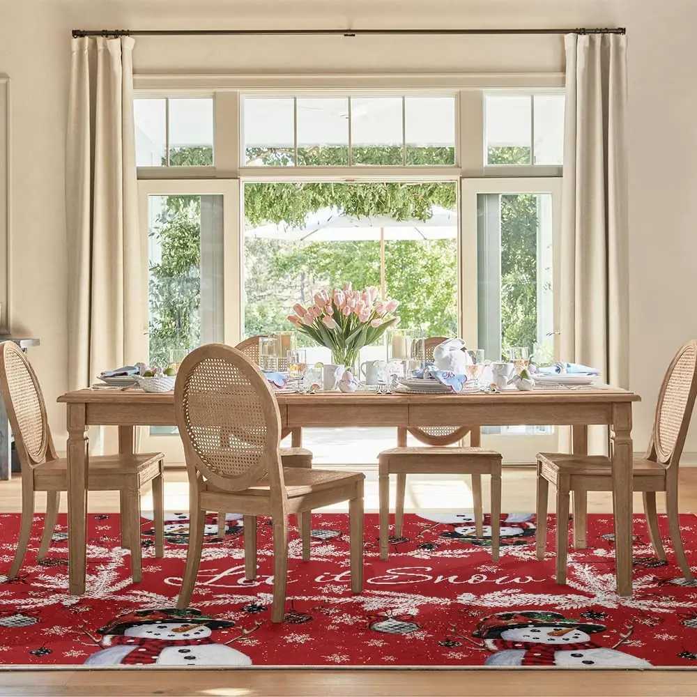 Red Snowman Let It Snow Ball Christmas Area RugXmas Winter Home Decor Low-Profile Washable Area Rugs for Entryway BedroomM251117