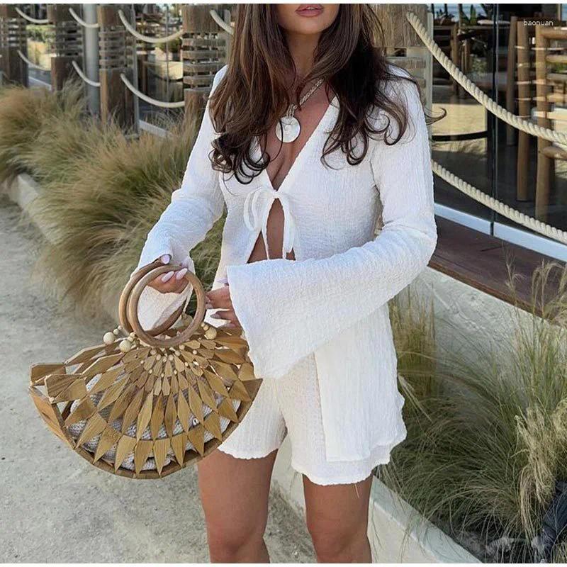Womens Tracksuits 2025 Summer Hollow Lace Up Beach Suit Casual Long Sleeved Two Piece Set Sexy V Neck Top With Shorts Outfits