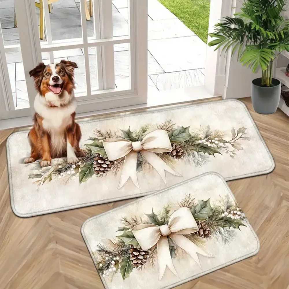 VIKAMA 1PC/2PC Christmas Bow Holly Leaf Doormat Indoor Entry Mat Front Doormat Kitchen Non-Slip Rug Holiday Home DecorM251117