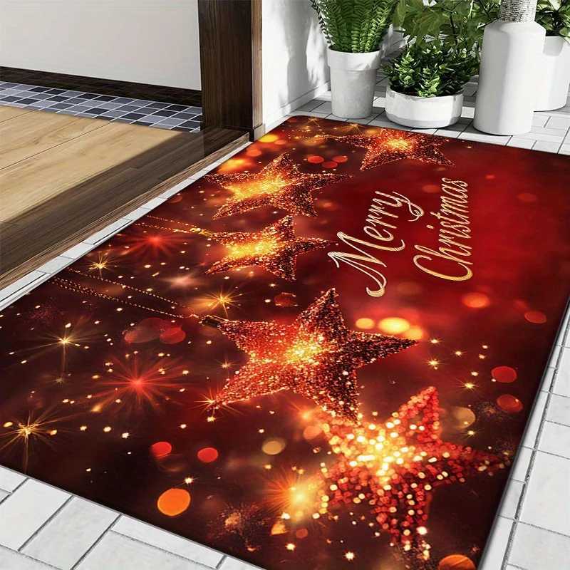 Christmas Star Flannel Door Mat Carpet Five-Pointed Star Merry Christmas Print Non-Slip for Kitchen Living Room DecorM251117