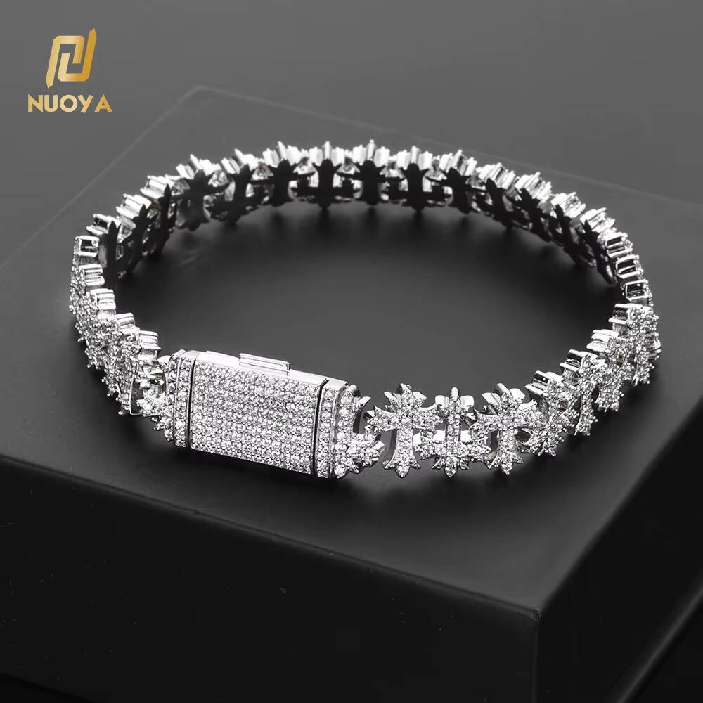 Moissanite 11MM Brass Iced Out Bling Cross Design Bracelet Silver Plated Link Chain Fine Jewelry Gift for Women