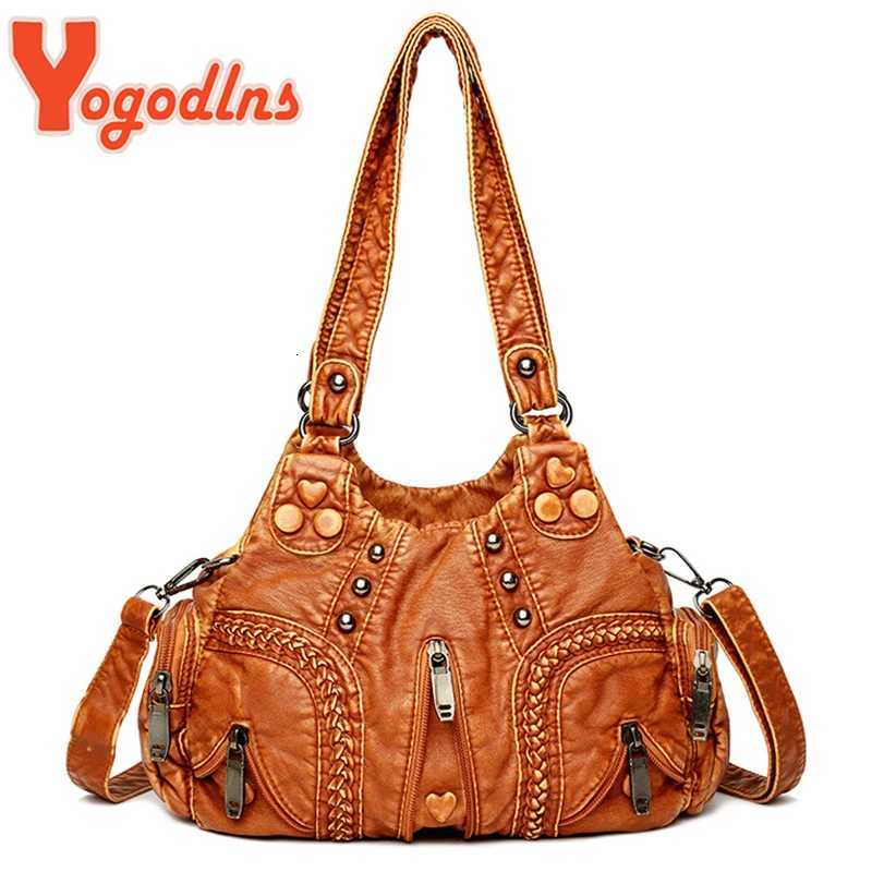 Yogodlns Vintage Soft PU Leather Shoulder Bag Women Large Capacity Handbag Fashion Crossbody Bag Stitching Color Handle Bag sacW251117
