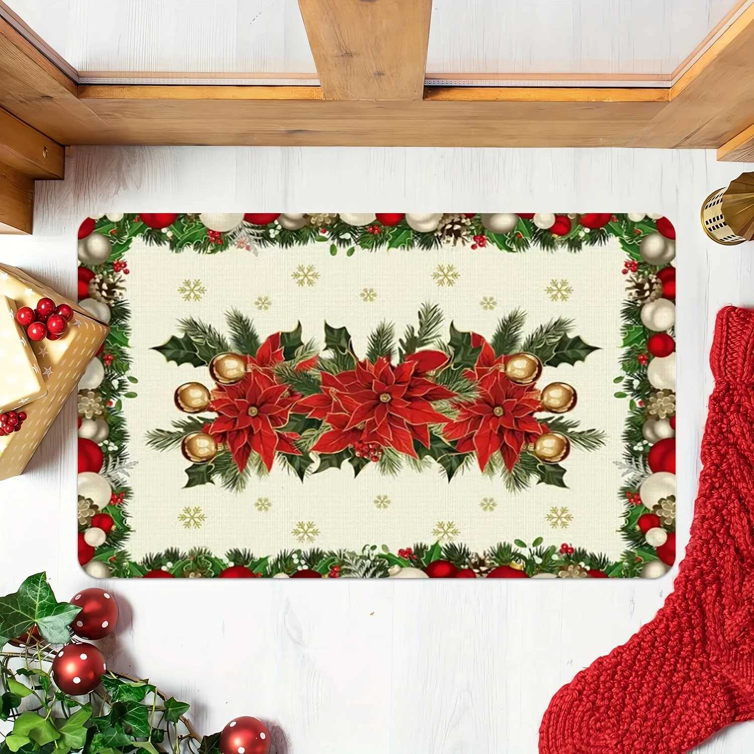 Christmas Poinsettia Holly Print Door Mat Winter Xmas Ball Snowflake Rug Bedroom Kitchen Non-slip Floor Mat Christmas DecorationM251117