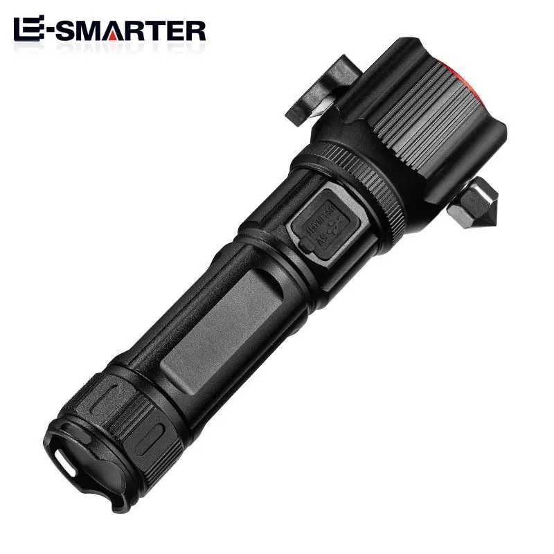 High Power Zoom LED Flashlight with USB Charging COB Safety Hammer Multi-functional Waterproof Aluminum Alloy White Laser Torch M251117