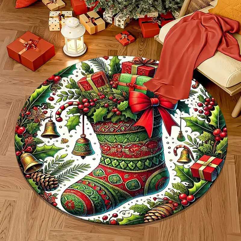 Christmas Stocking Gift Pattern Round Crystal Velvet Rug Holiday Decoration Floor Mat Xmas Tree Base Red Green Festive CarpetM251117