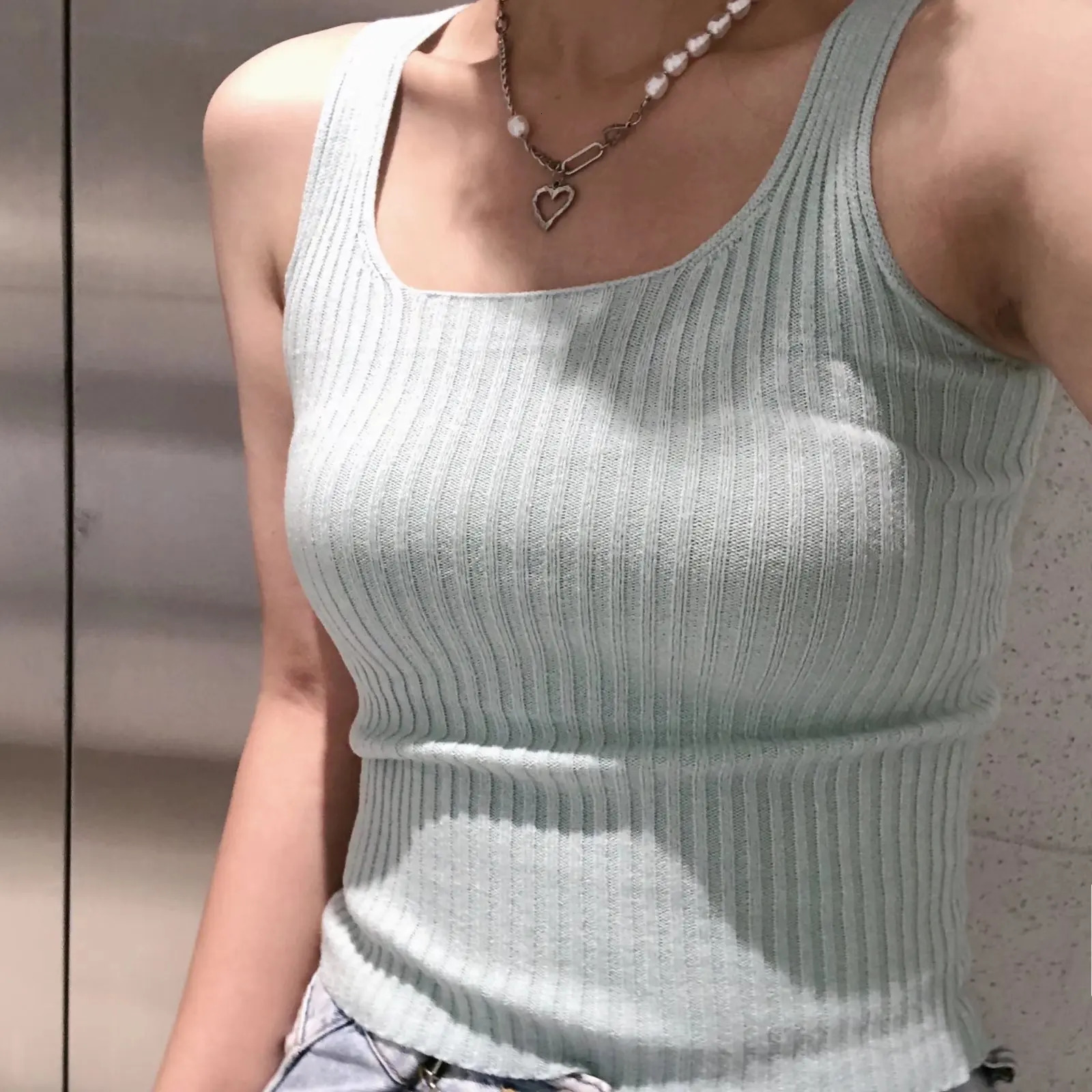 Knitting Square Collar Crop Top Woman Summer Camisole Slim Cotton Cropped Vests Casual Simple Streetwear Tank Tops Camis Chic 250417