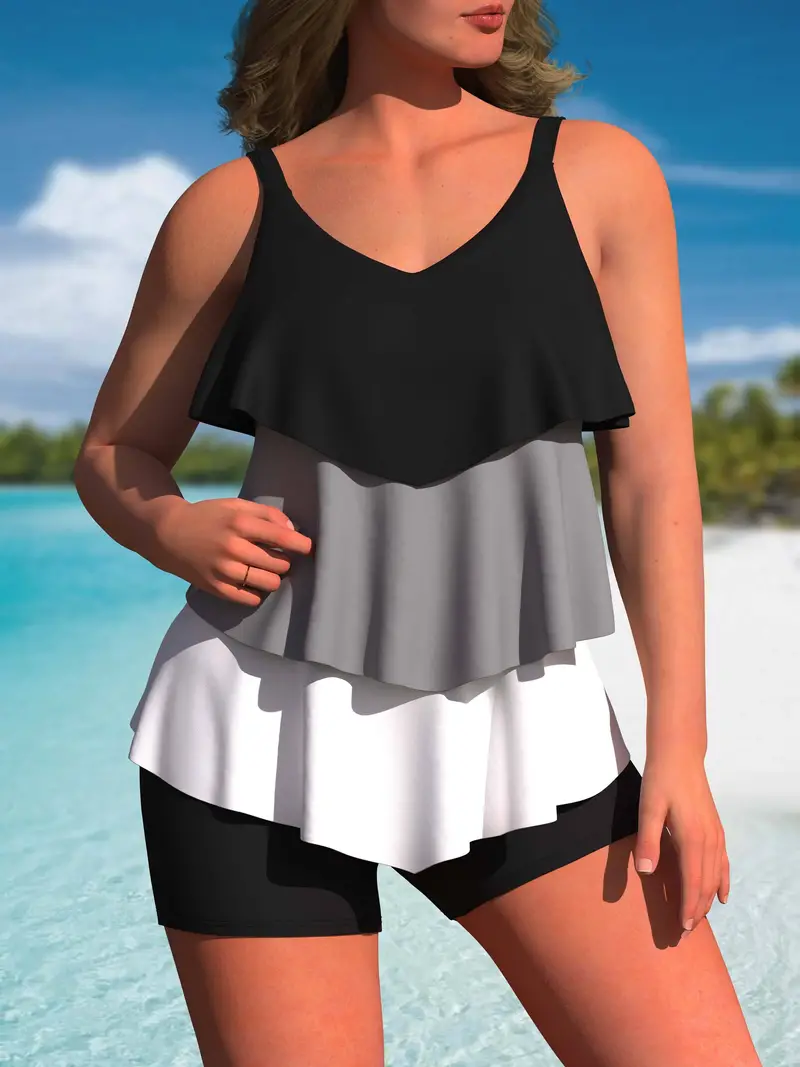 Women's Tankini Swimsuits Plus Look slimmer Two Piece Bathing Suit Ruffled Color-blocking splicing Adjustable shoulder strap