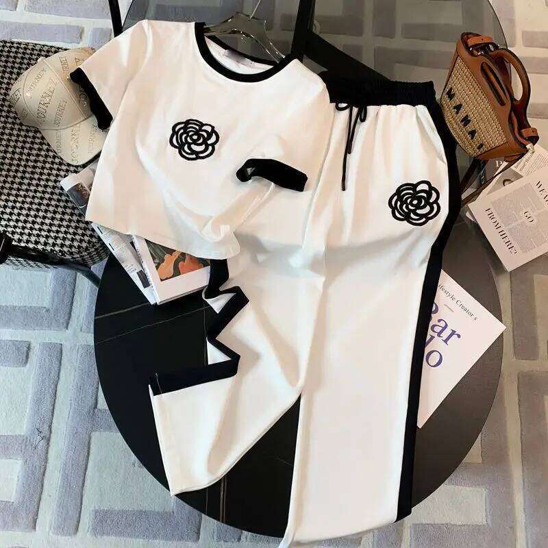 Women's Casual Sports Suit Summer New Fashion Street Bombing Style Short Sleeve Corp Top And Wide Leg Pants 2 Two Piece Set