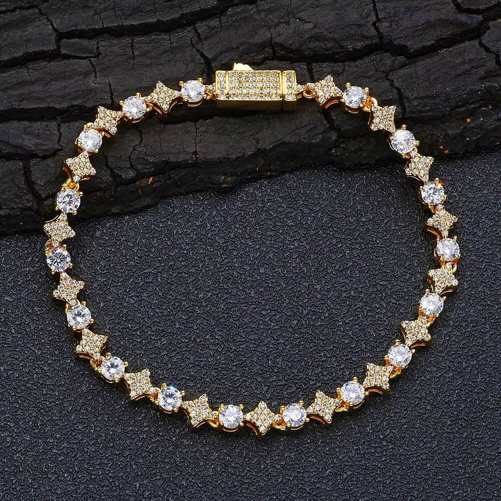 Laboratory cultivation of Moissanite 6mm High Quality Round CZ Diamond Gold Silver Star Shape Tennis Chain Bracelet for Women Bling Hip Hop Fine Jewel