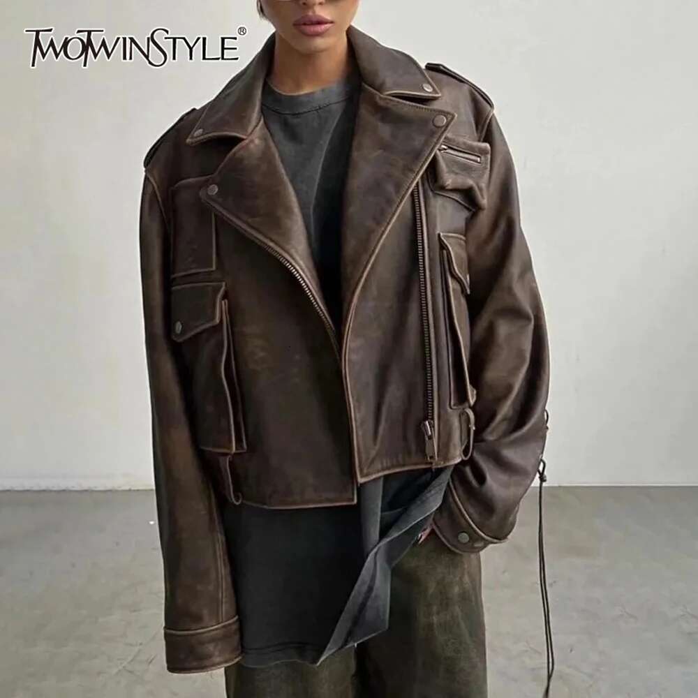 TWOTWINSTYLE Streetwear PU Leather Patchwork Pockets Jackets For Women Lapel Long Sleeve Spliced Zipper Jacket Female Fashion