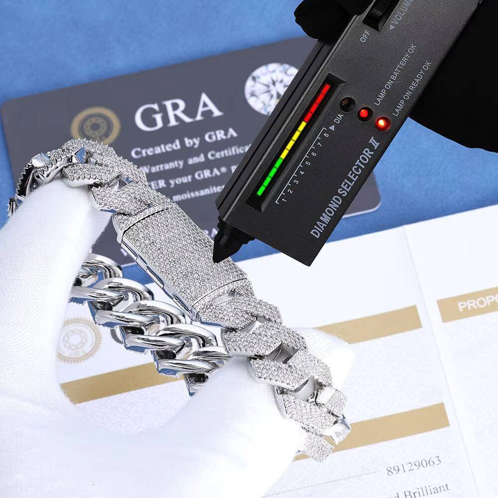 Hip Hop Jewelry 15mm Iced Out Moissanite Diamond Prong Cuban Chain Bracelet White Gold Prong Miami Cuban Link Chain for Men