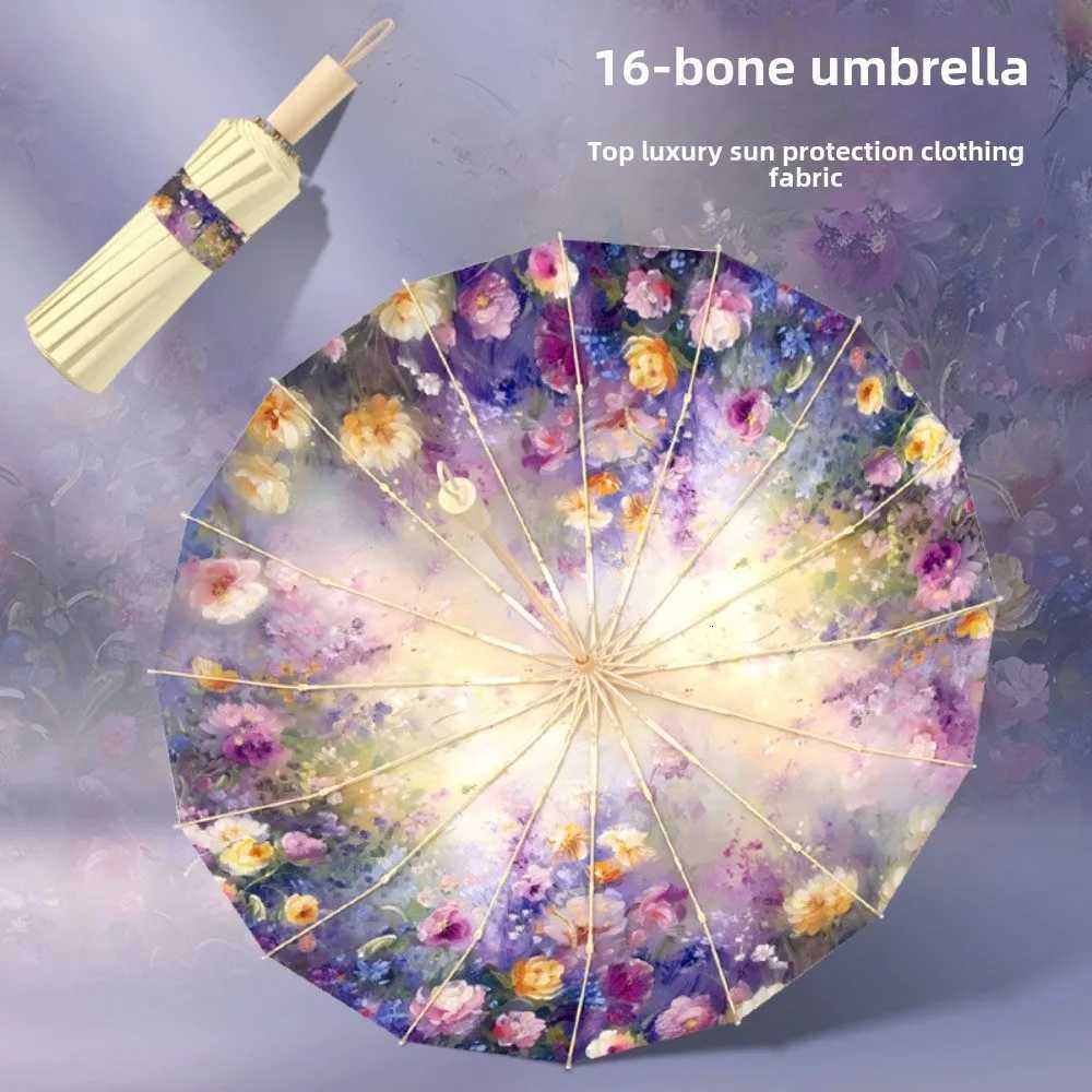 Women Oil Painting Flowers 16 Ribs UV Protection Pongee Fabric Foldable Sun Rain Umbrella Color Coated C251117