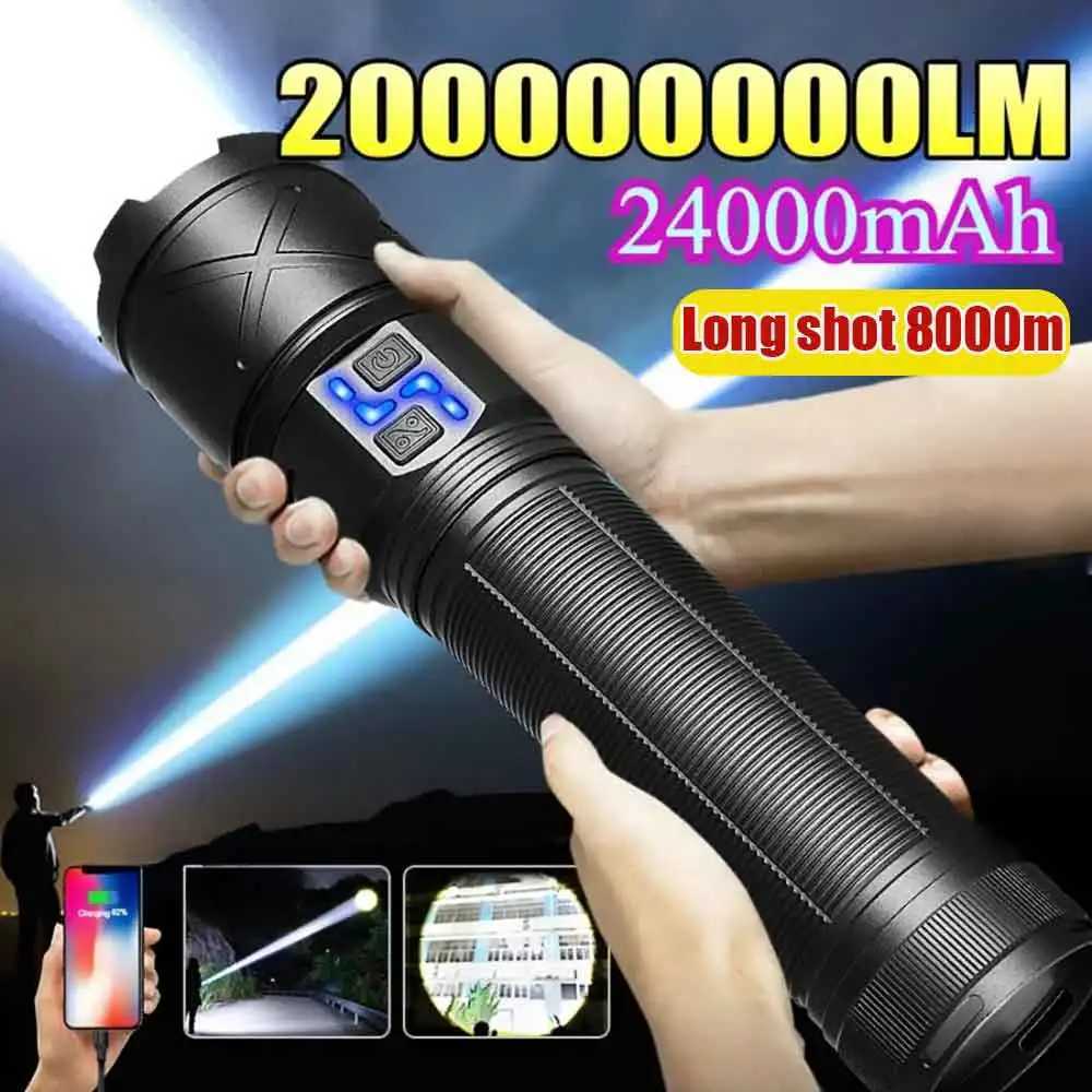 24000mAh Ultra Bright LED Flashlight USB Rechargeable Zoom Flashlights Long Range 8000M Tactical Torch Camping Fishing Work Lamp M251117