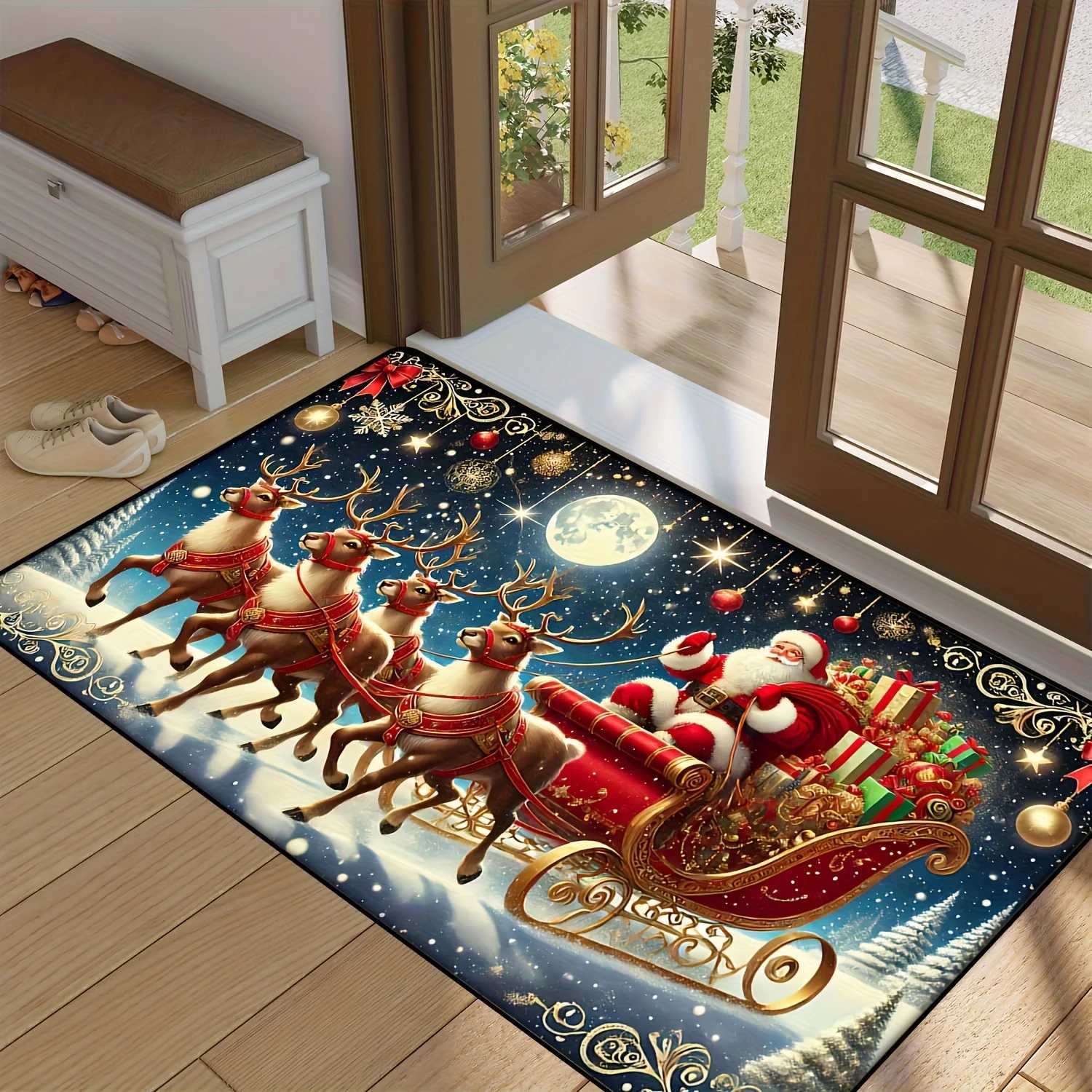 Washable Santa Reindeer Christmas Doormat - Non-Slip Perfect for Bedroom Hallway Kitchen Entrance Festive Home DecorM251117