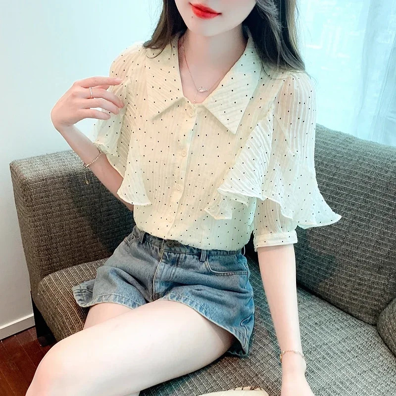 2025 Fashion Summer Turn Down Collar Women Shirt Short Sleeve Dot Chiffon Shirt Blouse Women Tops Blouses Camisas De Mujer G671 250417