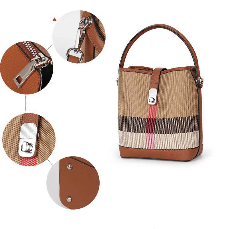 New canvas paired with cowhide womens shoulder crossbody bag fashionable plaid pattern bucket bagW251115