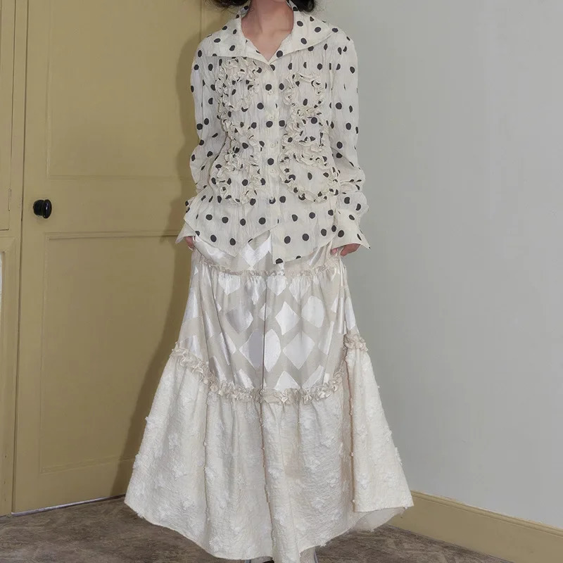 Jin Yi n Spring Autumn Style Beige Polka Dot Pleated Asymmetrical High Collar Large Turn Collar Shirt for Women 250417