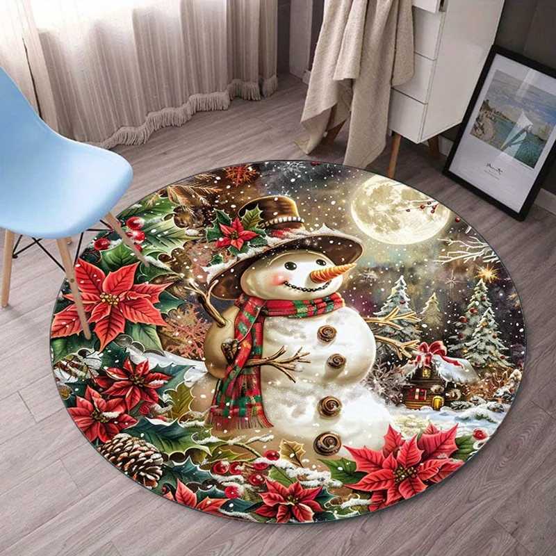 Round Crystal Velvet Rug Christmas Snowman Holiday Scene Red Poinsettia Floor Mat Home Decor Living Room Bedroom Carpet FestiveM251117