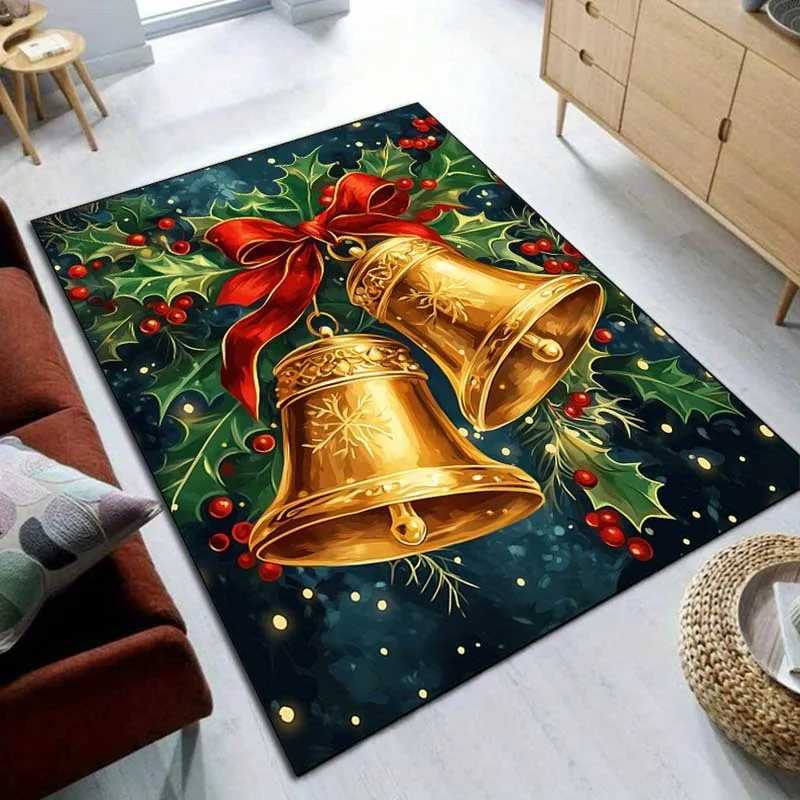 Christmas Bell Rug - Festive Gold Bells with Holly Berries for Holiday Dcor Winter Wonderland Carpets Skid resistant carpetM251117