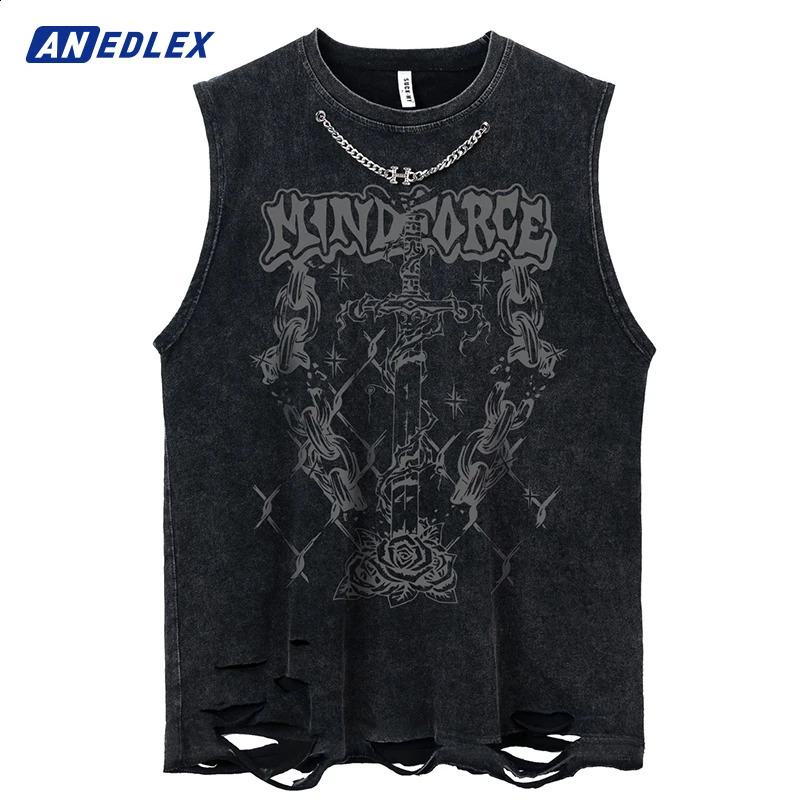 Mens Ripped Washed Tank Top Streetwear Hip Hop Sword Graphic With Chain Vest Summer Sleeveless Cotton Sports Vest Unisex 250415