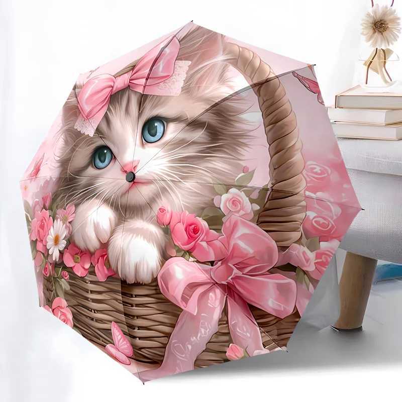 Cat Theme Folding Umbrella - Fashionable Auto-Open Design 8 Iron Ribs Plastic Handle Foldable Sunshade Perfect Christmas Gifts C251117