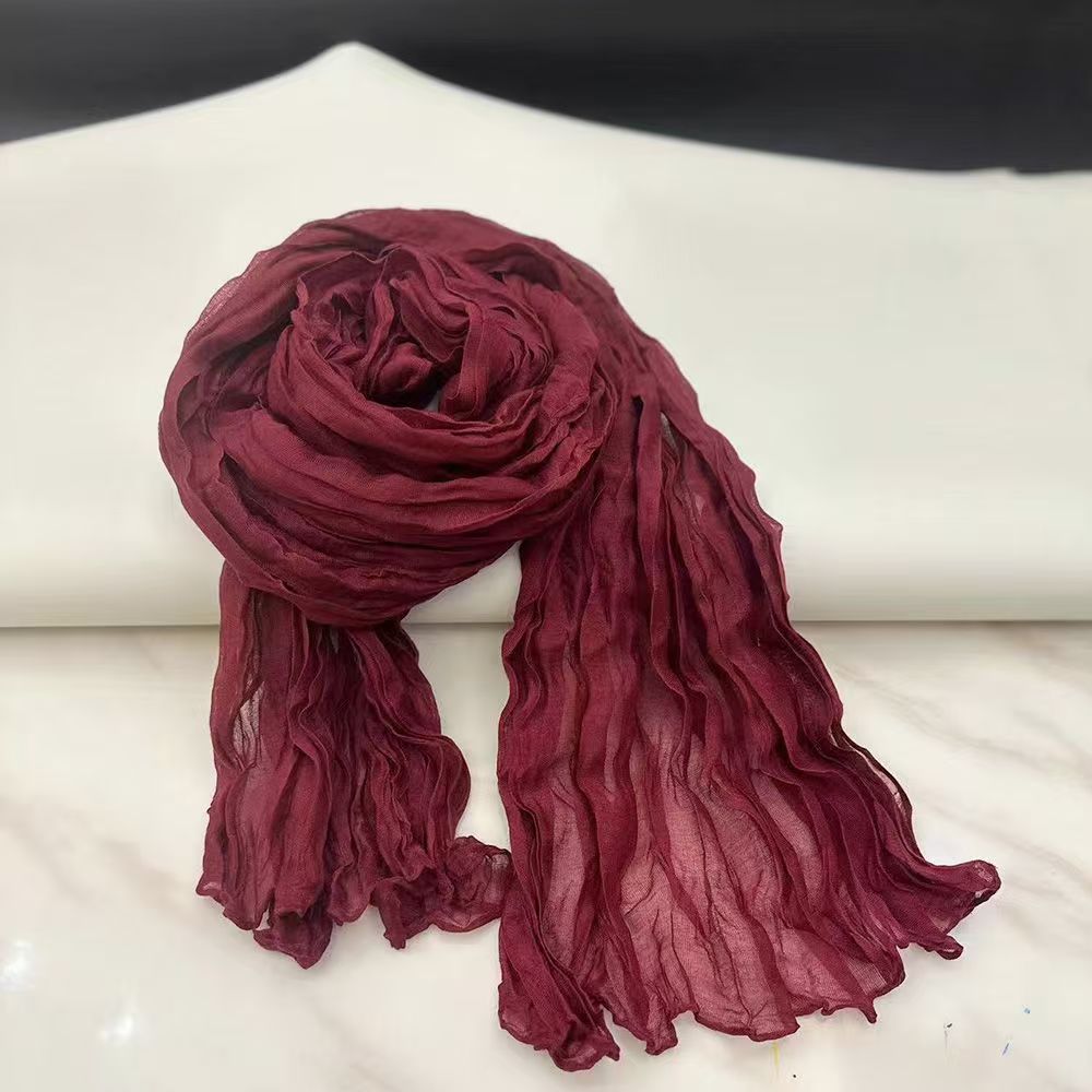 T497 new cotton and linen scarf female retro solid color long shawl literary pleated thin spring and autumn warm neck collar
