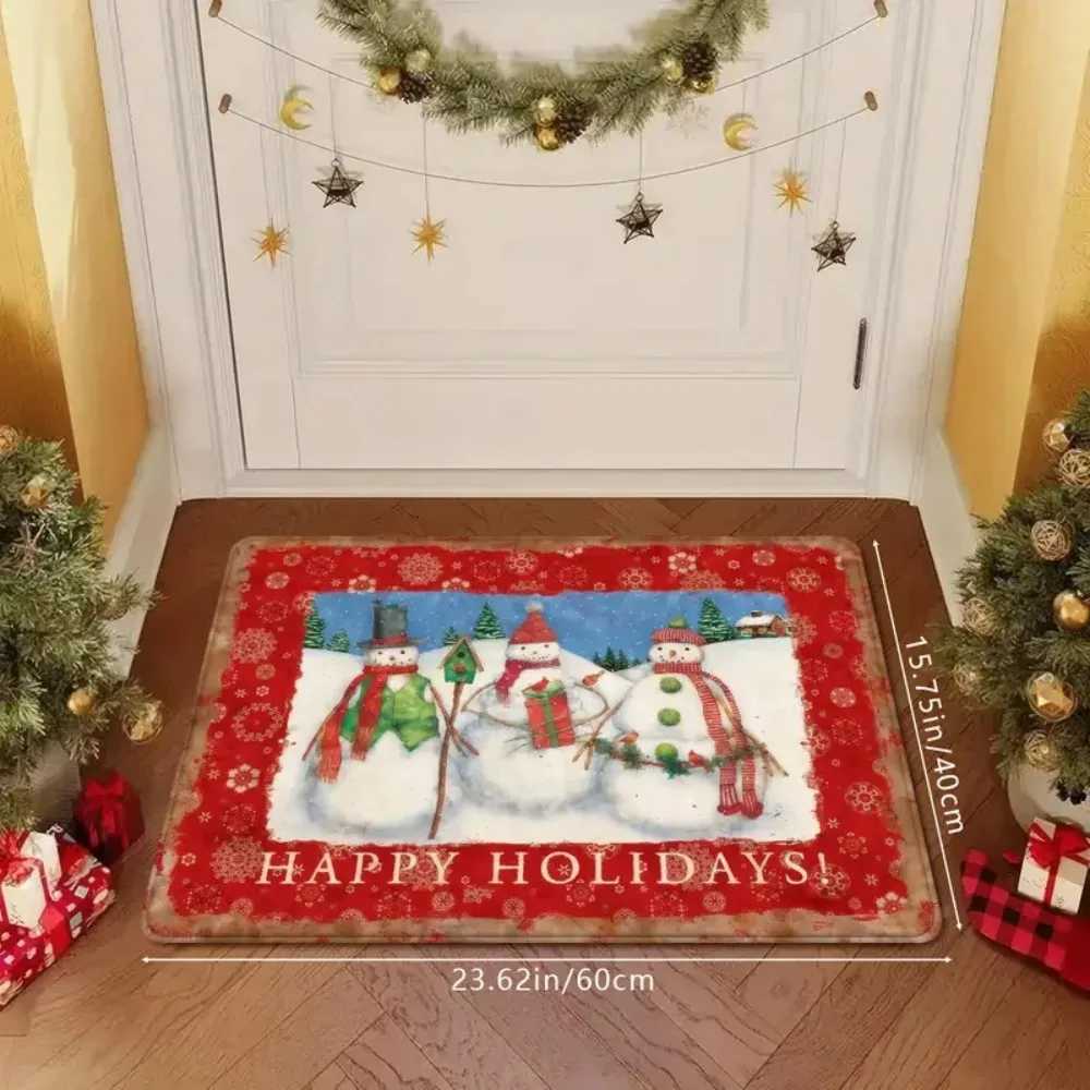 1 Pc Snowman Christmas Decorative Floor Mat with Happy Holidays Red and White Snowman Pine and Holly Berry Border Non-SlipM251117