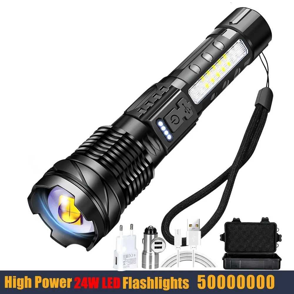 High Strong Power 24w Led Flashlights 50000000 Tactical Light Emergency Spotlights Telescopic Jetbeam1km 18650 Built-in Battery M251117