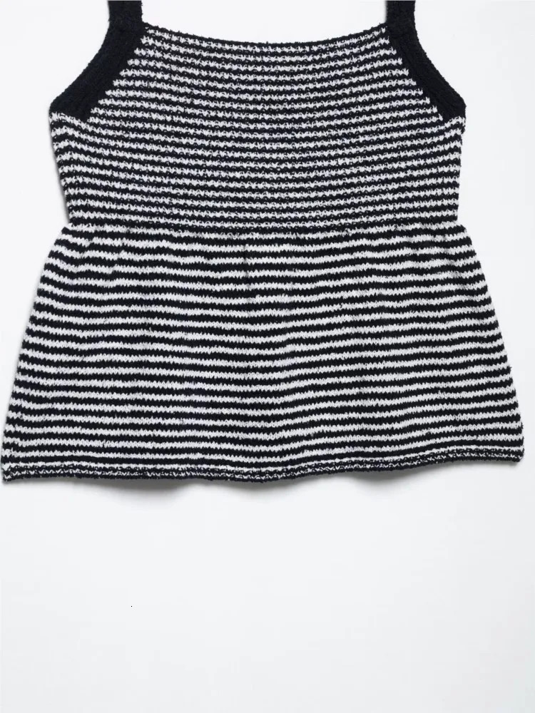 Knit Striped Peplum Top Women Sexy Backless Waistcoat Elastic Lady Tank Top Thin Shoulder Strap Female Flared Hem Tops 250417