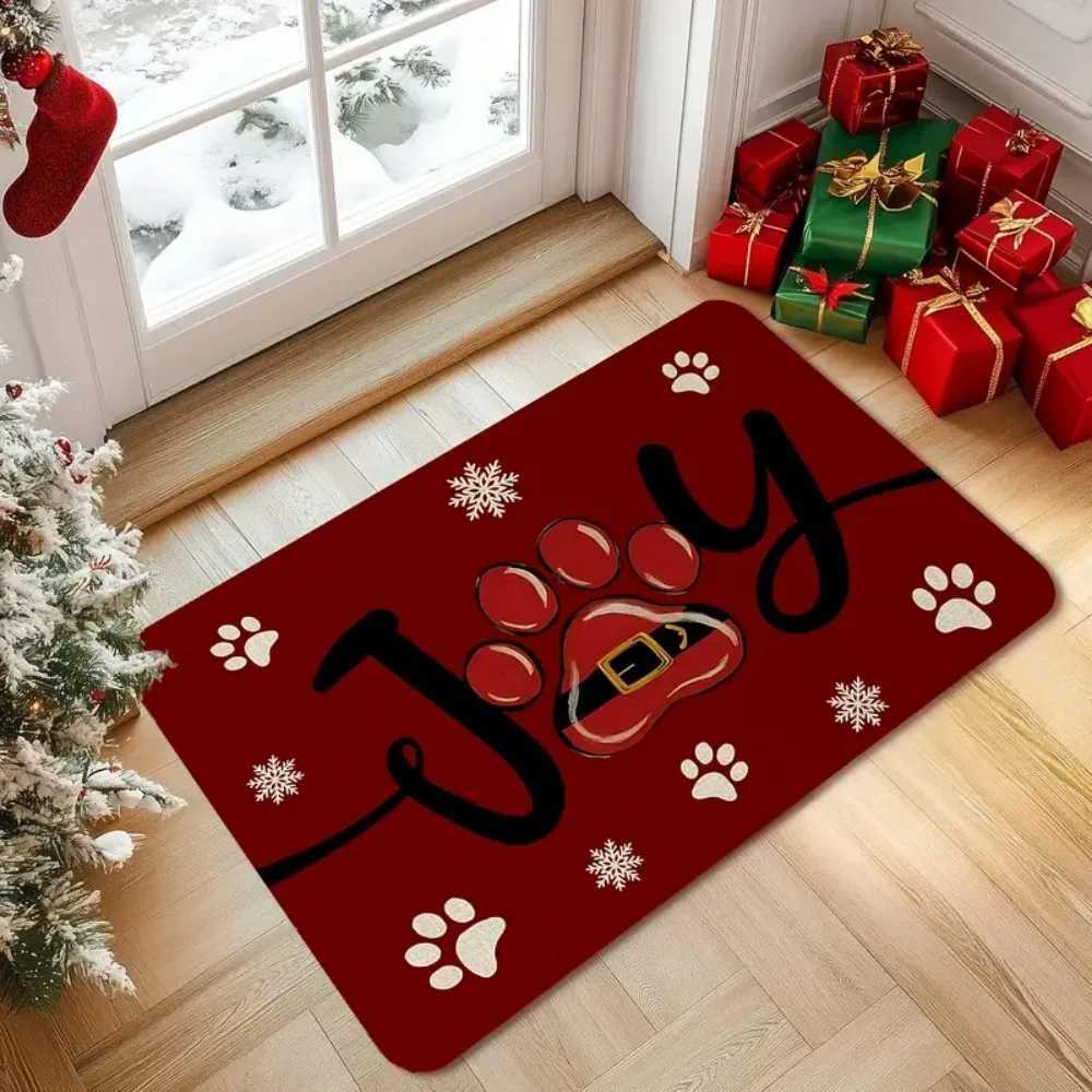 1 pcs Christmas Red Paw Print and Snowflake JOY Pattern Doormat Machine Washable Perfect for Entrance Living Room HallwayM251117
